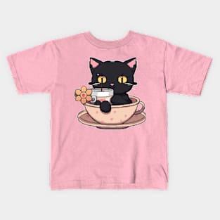 cute pixelated black cat in a cup Kids T-Shirt